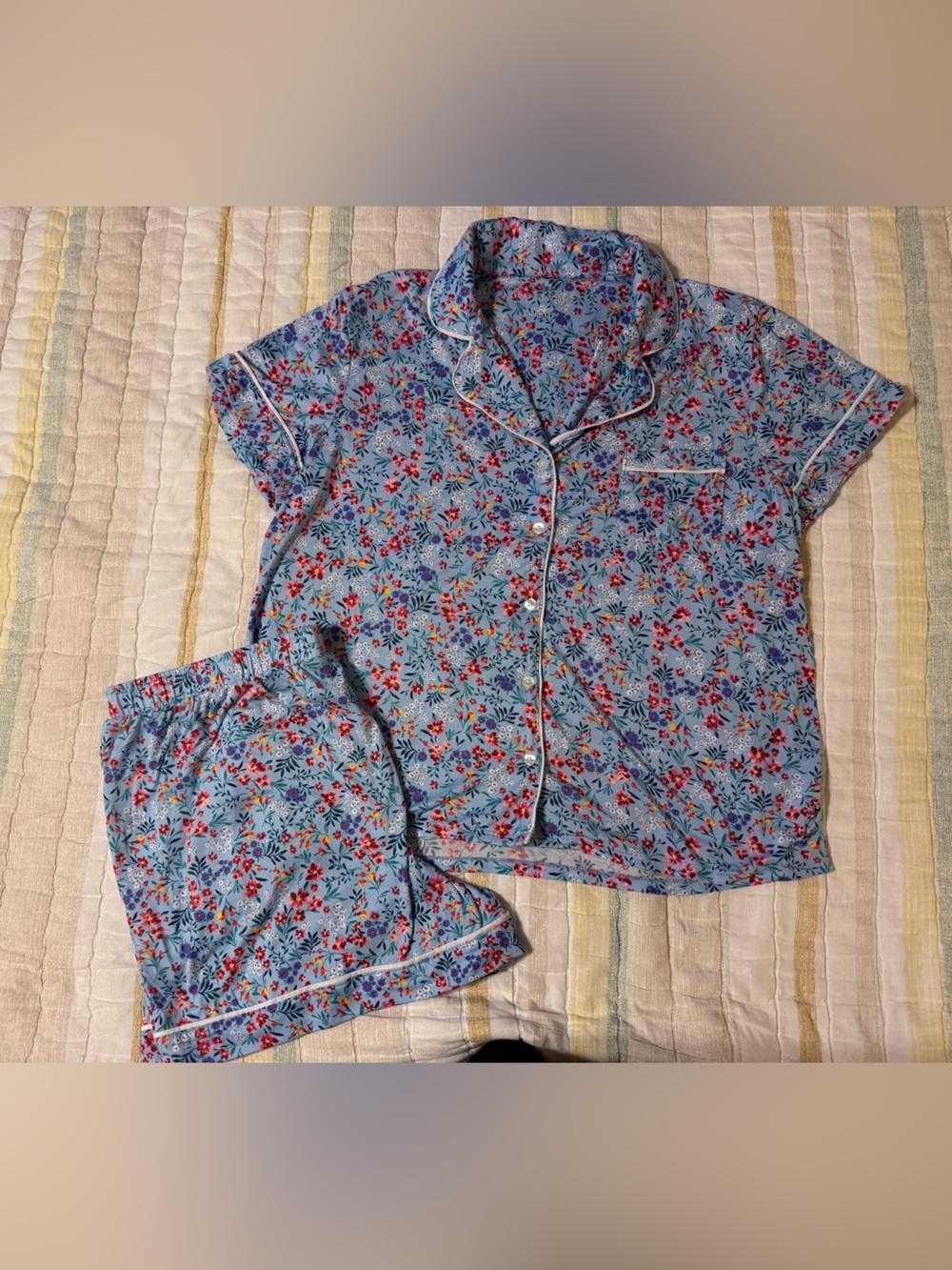 Draper James Light Blue Floral Print PJ set with Pink Red Yellow Accents
